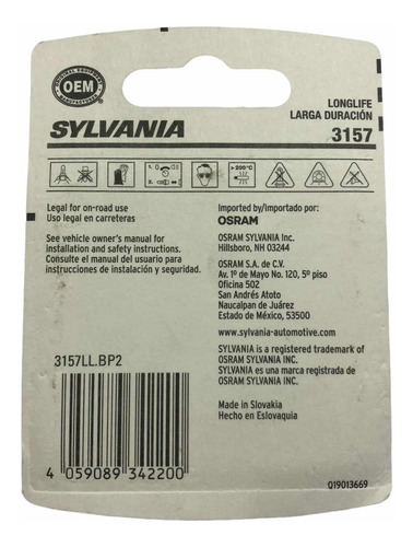 Set 2x Focos Osram Sylvania 3157 P27/7w Halógeno 3057 4157