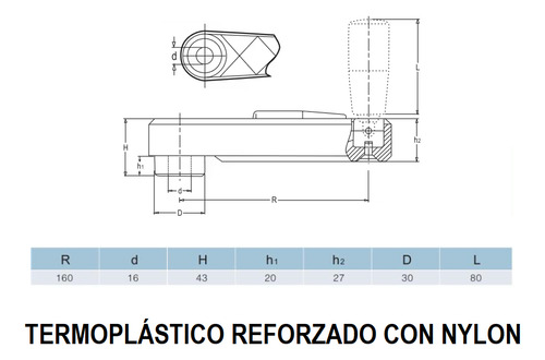Manivela Palanca Brazo Giratorio Mango Plegable Ø16x160mm