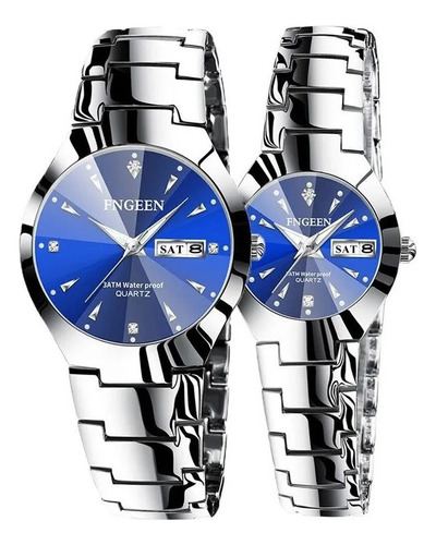 Reloj De Cuarzo Para Hombre Mujer Pareja Regalo 2 Piezas Color De La Correa Plateado Color Del Fondo Azul