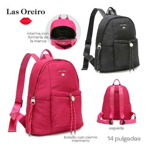 Mochila 14 Oreiro 27484 Nylon C/bolsillo Y Cordon Adelante Color Negro Diseño de la tela Liso