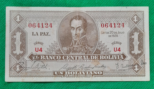 Billete De 1 Boliviano, Bolivia, Año 1928, Buen Estado 