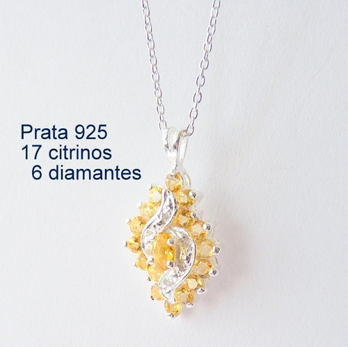 Pingente E Corrente De Prata 925 Com Citrino E Diamante 7056