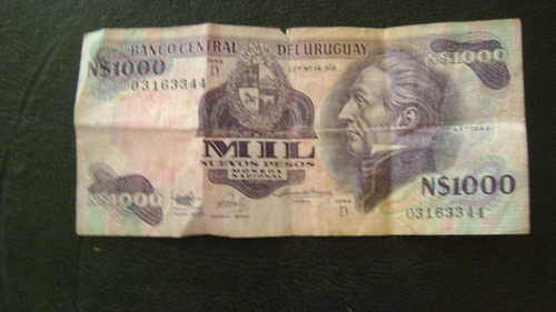 Antiguo Billete Uruguay 1000 Nuevos Pesos Moneda Nacional