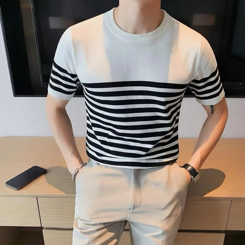 Camiseta De Manga Corta De Punto A Rayas Para Hombre - Top M