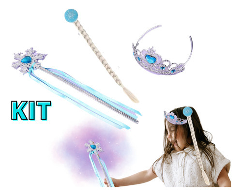 Kit Acessórios Princesa Brinquedo Lembrancinha Aniversário Cor Kit Varinha+tiara+trança Azul