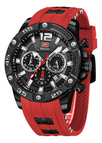 Reloj Para Hombre Marca Ryscom Sub Esferas Minutos Segundos Correa De Silicona Caja De Acero Inoxidble Mancillas Luminosas Verde Por La Noche Deportivo 3atm Calendario