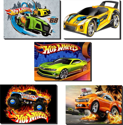 Kit 5 Cuadros Infantil, Temática Hotwheels , 38x26cm C/u