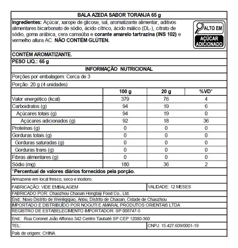 Bala Super Azeda Toranja Importada Hong Tai 65g | Parcelamento sem