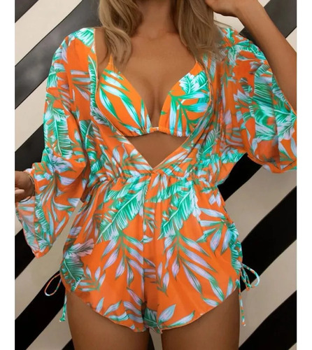 Nuevo Conjunto 3: Bikini Floral Con Kimono For Mujer De
