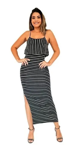 Vestido longo com fenda listrado sales