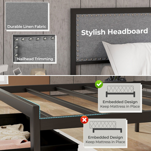 Base De Cama Con Cajon Y Luez Led Gris Listones Gpl