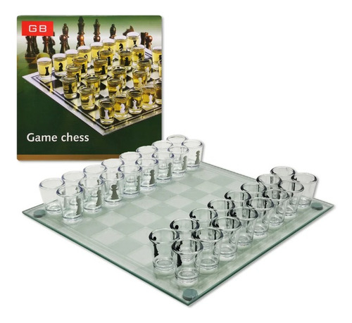 Jogo Xadrez Com Tabuleiro E Copos Shot Em Vidro 25x25cm