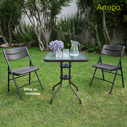 Mesa Cuadrangular De Vidrio Estructura De Acero Café Oscuro Mesa Compacta Para Terraza Jardín Balcón De 60cm