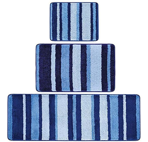 Alfombras Rectangulares Para Baño Azul Rayas Algodon 3 Pzas