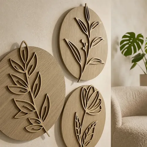 Trio De Quadro Redondos Decoração Mdf Flor Folhagem 3d Cor Freijó