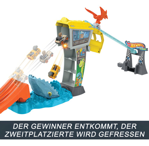Hot Wheels Juego De Pistas Coches De Juguete, Racerverse Jurassic World Blue Raptor Rush Track Set Con 2 Corredores Fundidos: Blue The Dinosaur & Owen