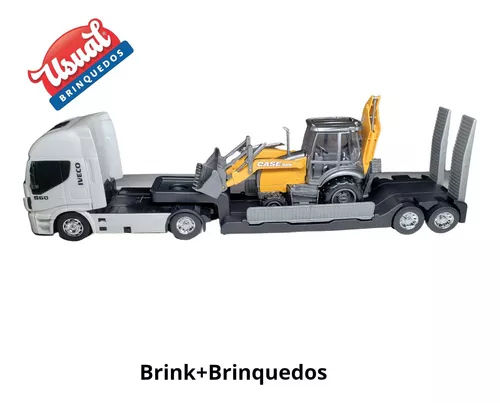 Brinquedo Caminhão Iveco Hi Way Plataforma Retroescavadeira Case  Construction Cinza