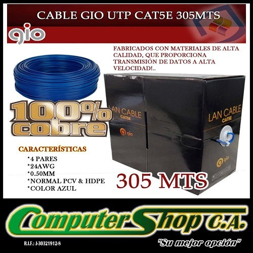 Bobina De Cable Utp Cat5e 100% Cobre / Gio / 305mts