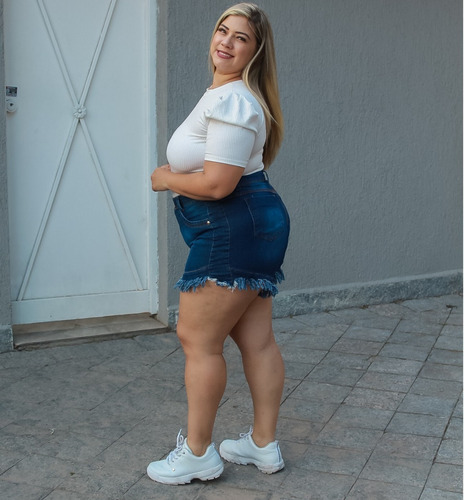 Short Feminino Jeans Curto Cintura Alta Com Lycra Plus Size