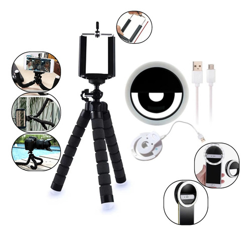 Kit Mini Tripé Flexível E Ring Light Celular Camera Vlog Cor Branco