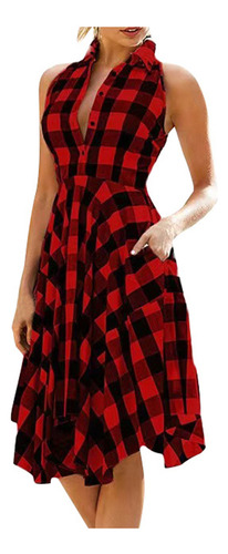 Vestido Feminino Europeu E Xadrez Sem Mangas Com Bainha Irre