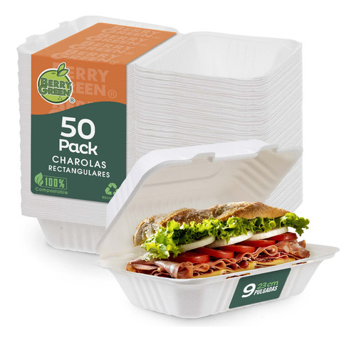 Berry Green 50 contenedores compostables grandes para alimentos 23x15x7.5 cm (9 pulgadas) de fibra de caña de azúcar resistentes a líquidos ecológicos y biodegradables
