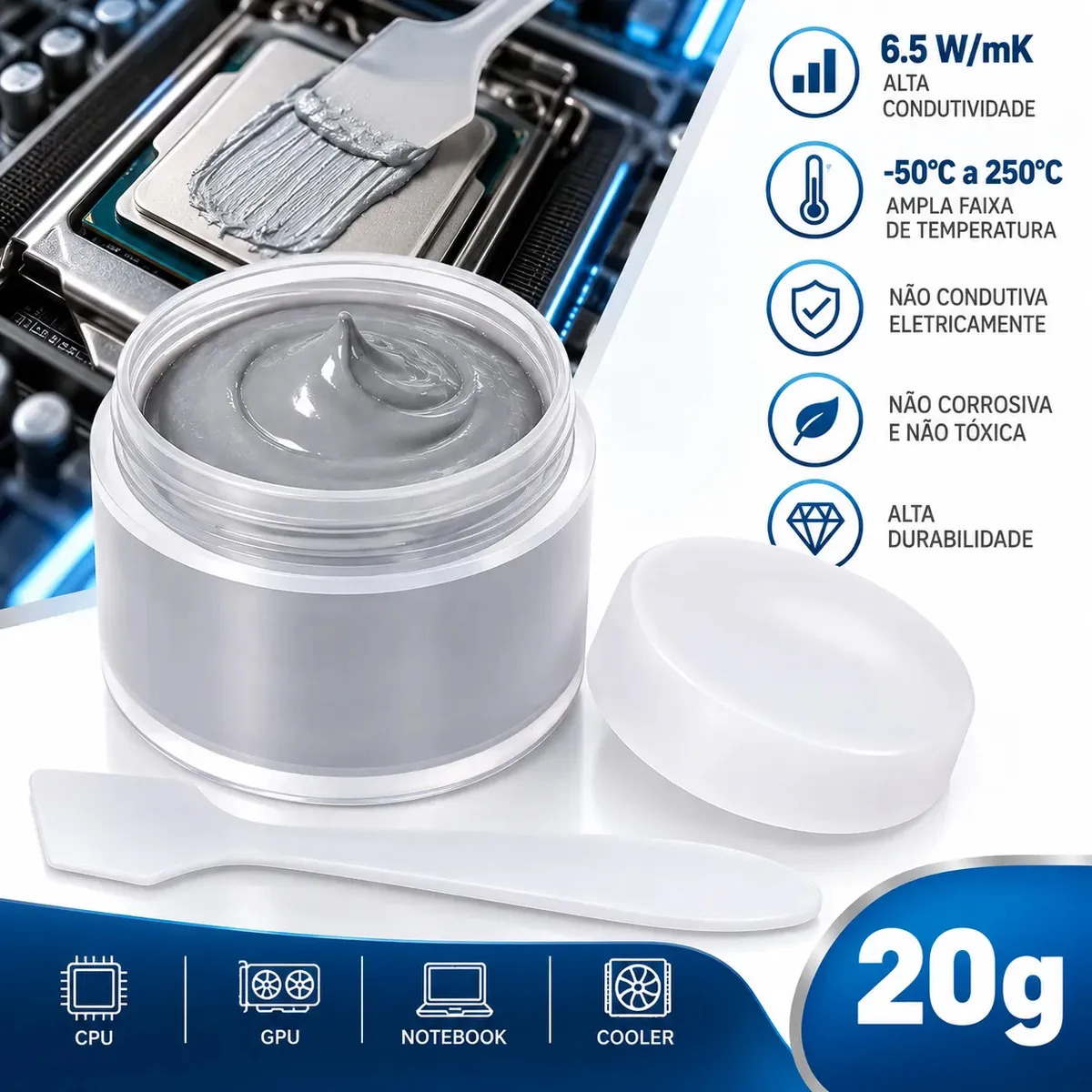 JogoJunto Pasta Térmica 20g 6.5W/mK Alta Condutividade Para Processador CPU GPU PC Gamer Notebook Placa de Vídeo Dissipador Cooler Cinza