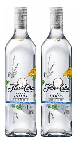 Pack Ron Flor De Caña Ultra Coco 4 Años 1 Litro X2 Uds.