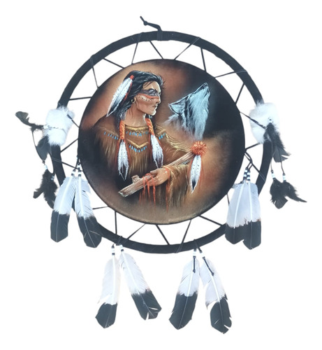 Atrapasueño Grande Indio Con Lobo De 62cmx82cm Envio Gratis