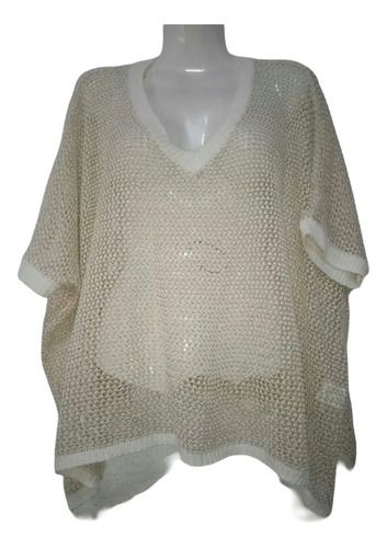 Chaleco,buzo Dama Xxl Tejido Crochet Beige Con Hilos Dorados