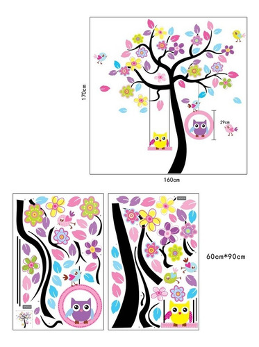 Imagen 4 de 7 de Vinilo Decor Sticker Arte Niño Pared - Arbol Buhos Color