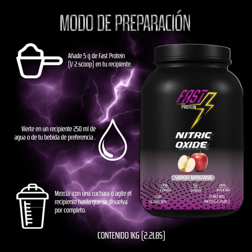 Óxido Nítrico Fast Suplement 1kg 200 Serv Varios Pre Entreno Manzana