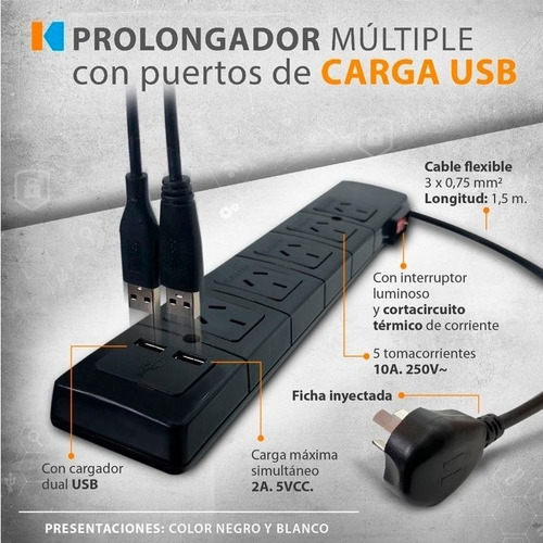 Zapatilla Prolongador 5 Tomas Negra + Usb + 1.5m Cable Kalop