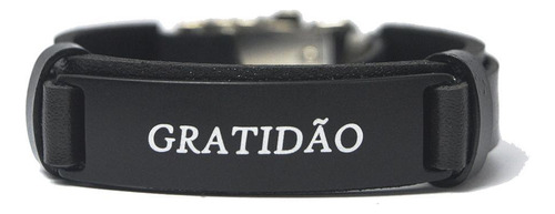 Pulseira Couro Masculina Gratidão All Black Regulável