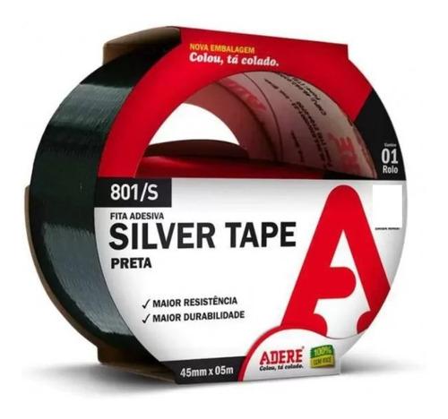 Fita Adesiva Silver Tape Preta 45mm X 5m Adere