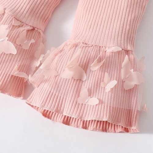 3pcs Conjunto Tierno Bebé Con Mariposas Pantalón Acampanado Rosa 3-6 M