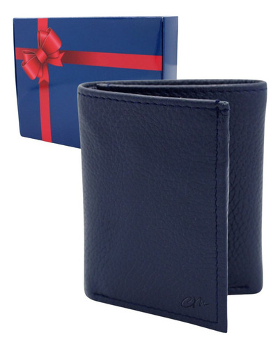 Cartera Hombre Piel Triple Compacta Tela Grabado Láser Azul