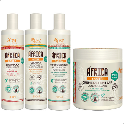 África Baobá Shampoo Cond Gelatina 300ml Creme Pentear 500g