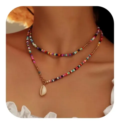 Colar Miçangas Coloridas Delicado Duplo Praia Búzios