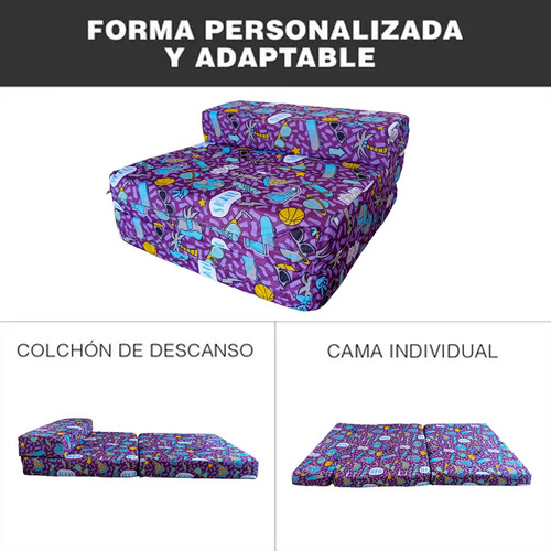 Sofá Cama Infantil Plegable, Colchoneta Con Soporte Firmé Color Morado Palmeras
