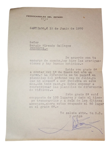 Antiguo Escrito, Ferrocarriles Del Estado, Año 1970.