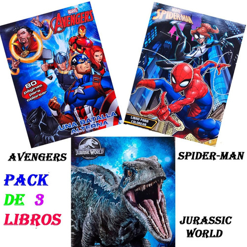 Pack 3 Libro P Colorear Jurassic World, Spider-man, Avengers