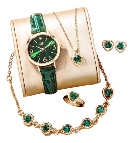Kit Reloj Verde Para Mujer + Juego De Collar Aretes Verde