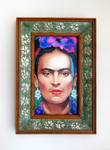 Cuadro Rústico Con Pintura Original De Retrato Frida Khalo