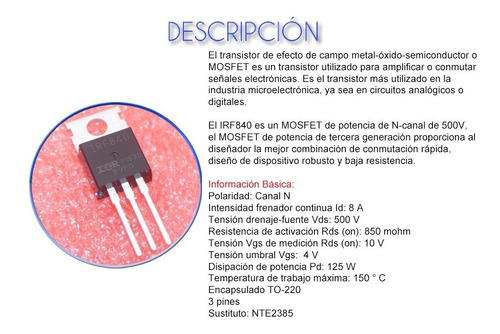 Imagen 2 de 2 de Transistores Irf840 Canal N 125w To-220 Irf 840 Nuevos