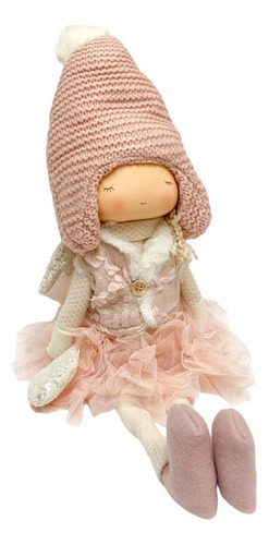Boneca Angel Sentada Rosa Com Gorro Em Trico 55cm