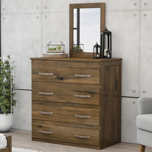 Cómoda Lisboa de 4 cajones con espejo de madera maciza, color marrón claro