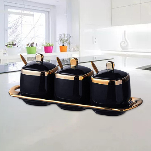 Juego De 3 Botes Para Condimentos Con Cuchara Y Negro