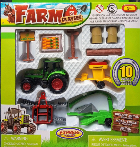 Set Granja Tractor Y 3 Maquinas De Arrastre + Accesorios