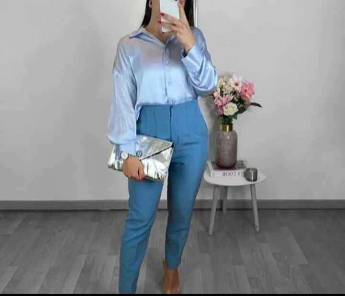 Blusas De Satín Licrado Cede Color Celeste Envío Gratis